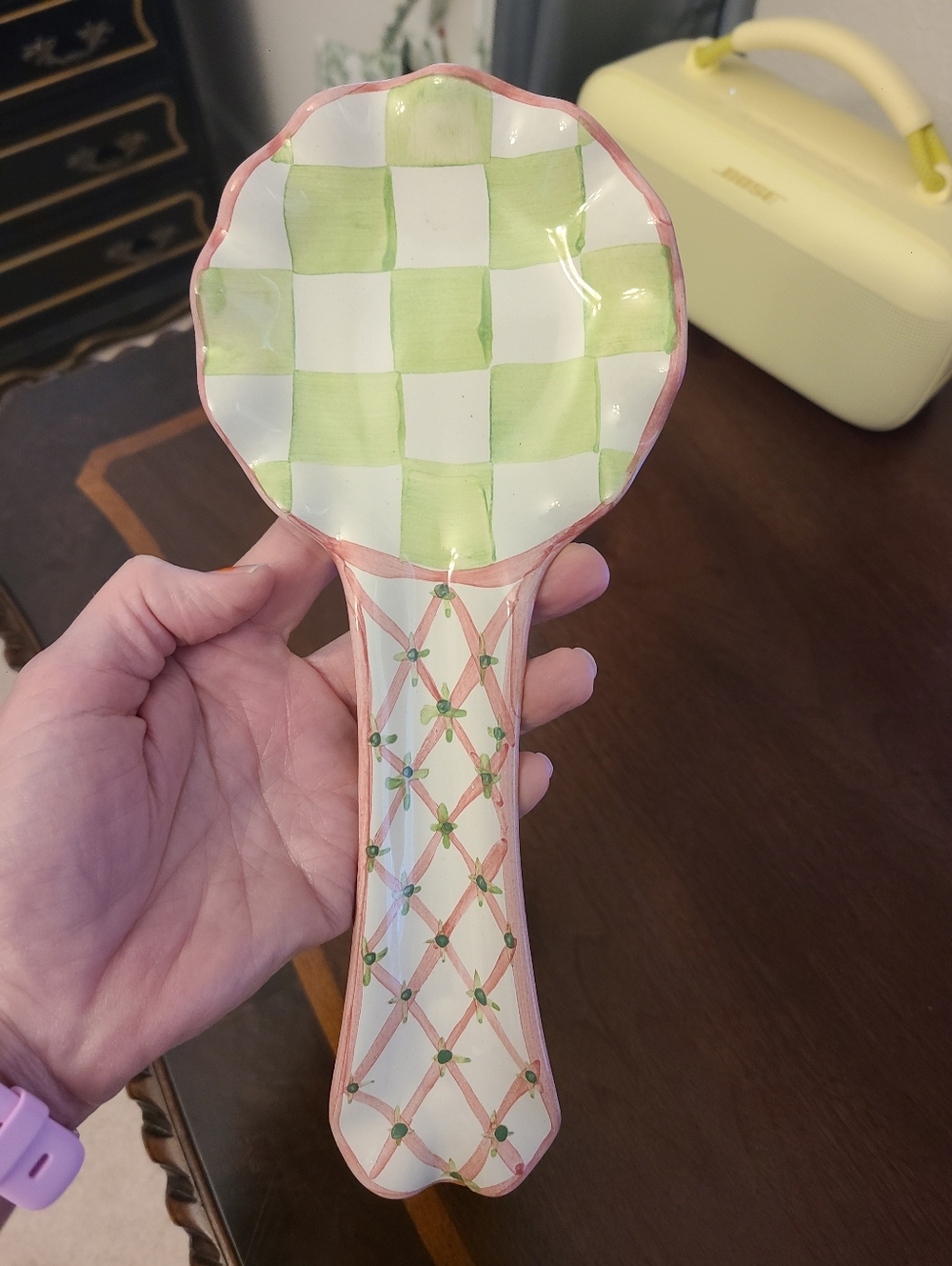 MacKenzie-Childs x Katey McFarlan Ceramic Fluted Pink & Green Spoon Rest